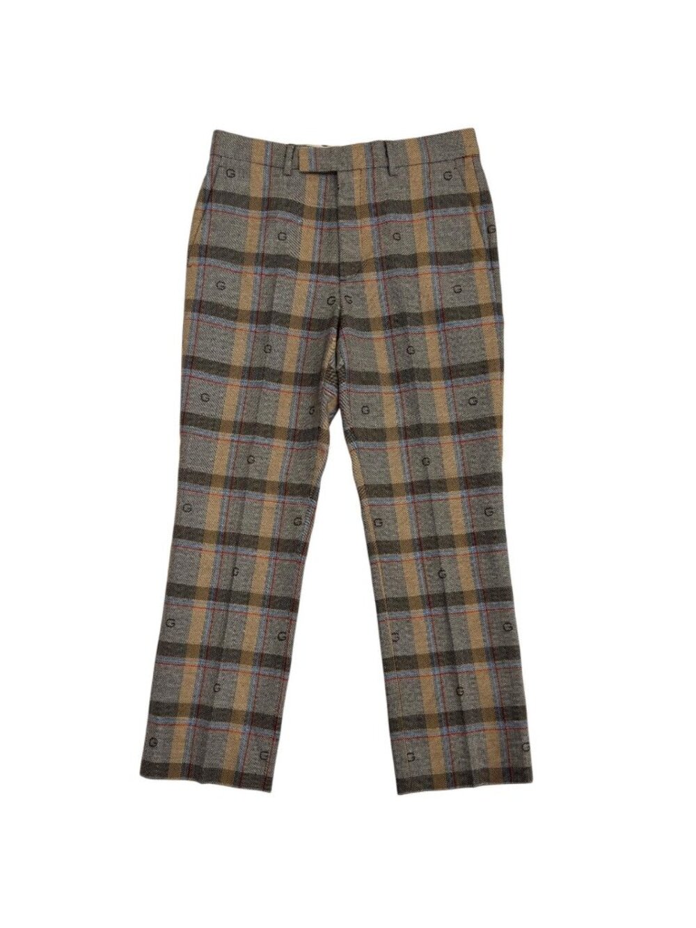 Gucci Wool 100% G Logo Tucked Center Crease Check Trousers Brown Pants 48